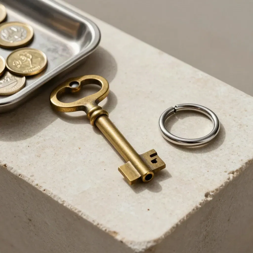 Brass vault key, coin tray and dial-lock ring on pale stone in a soft straight-down bank still life.