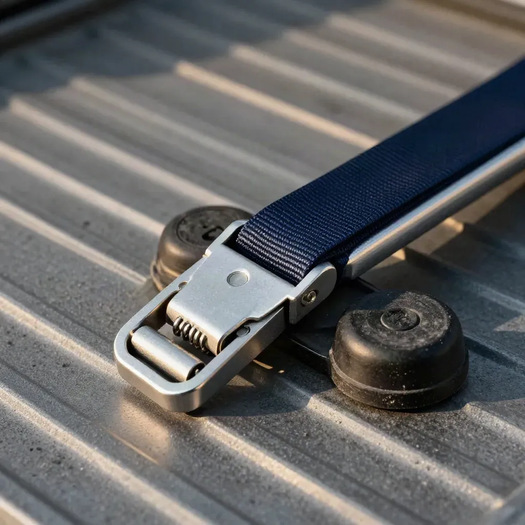 Ratchet strap buckle, load-bar end cap and truck chock on ribbed metal in tense warehouse light.