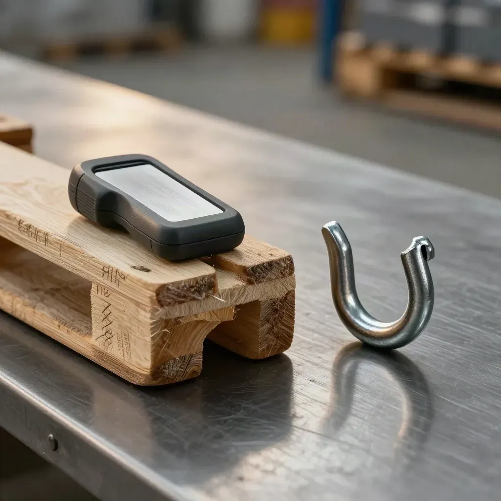 Warehouse pallet spacer, scanner cradle and cable hook on brushed metal, top-down macro.