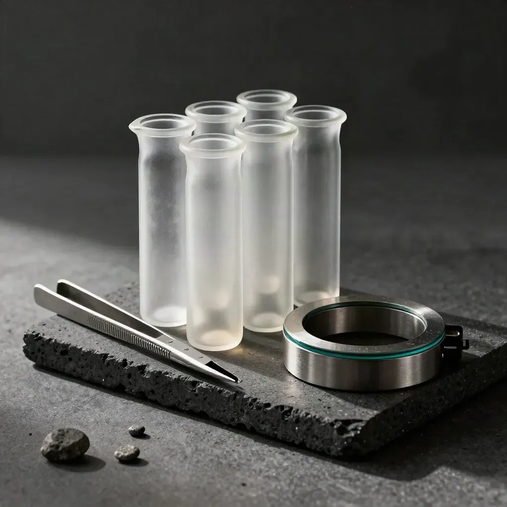Lab still life with sample vials, micro-forceps and a centrifuge ring on dark stone.