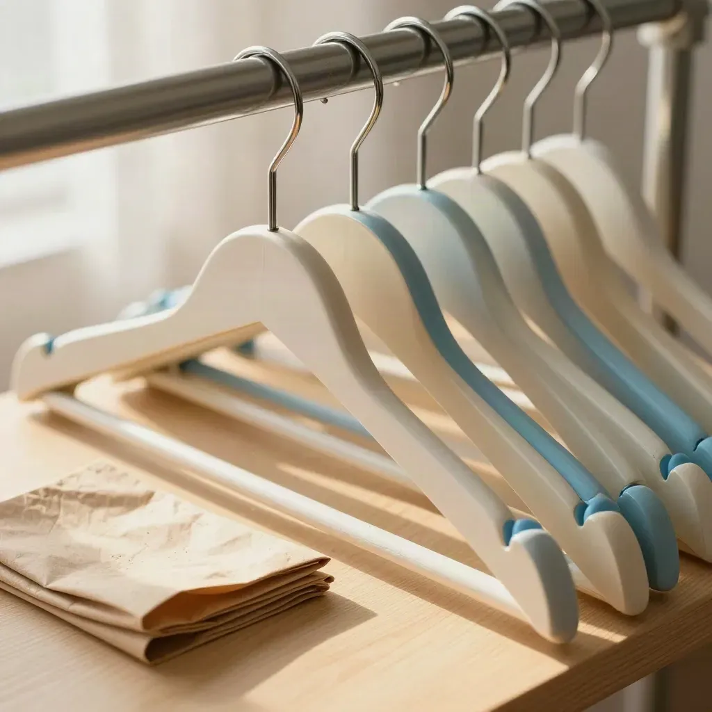 Garment hangers and display hooks fanned on pale wood with folded kraft tissue