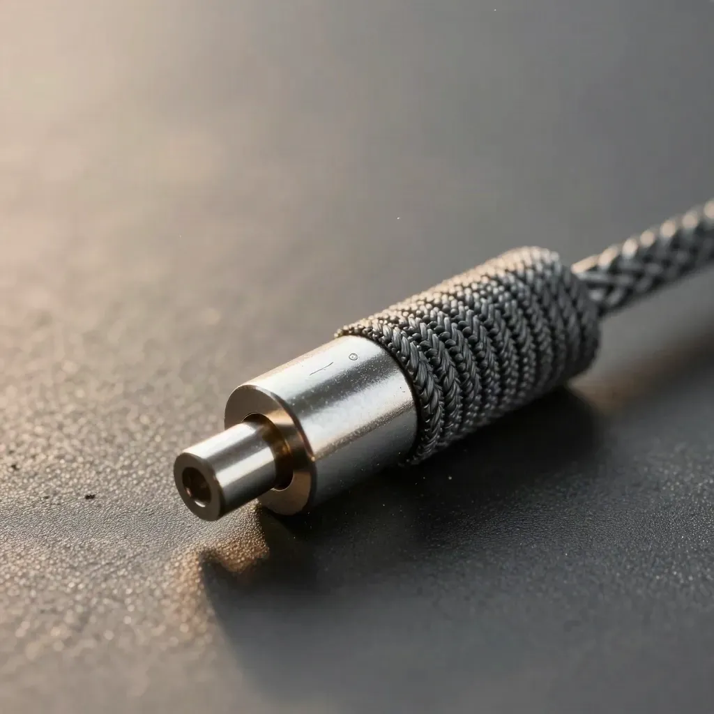 Extreme macro of a fibre-optic coupler and braided patch lead on graphite rubber.