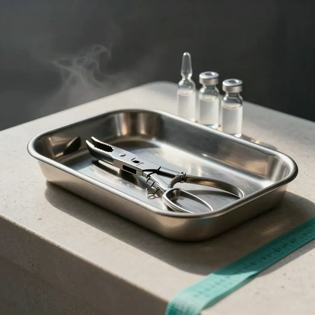 Stainless surgical tray, forceps, and ampoules on stone in dramatic still life.