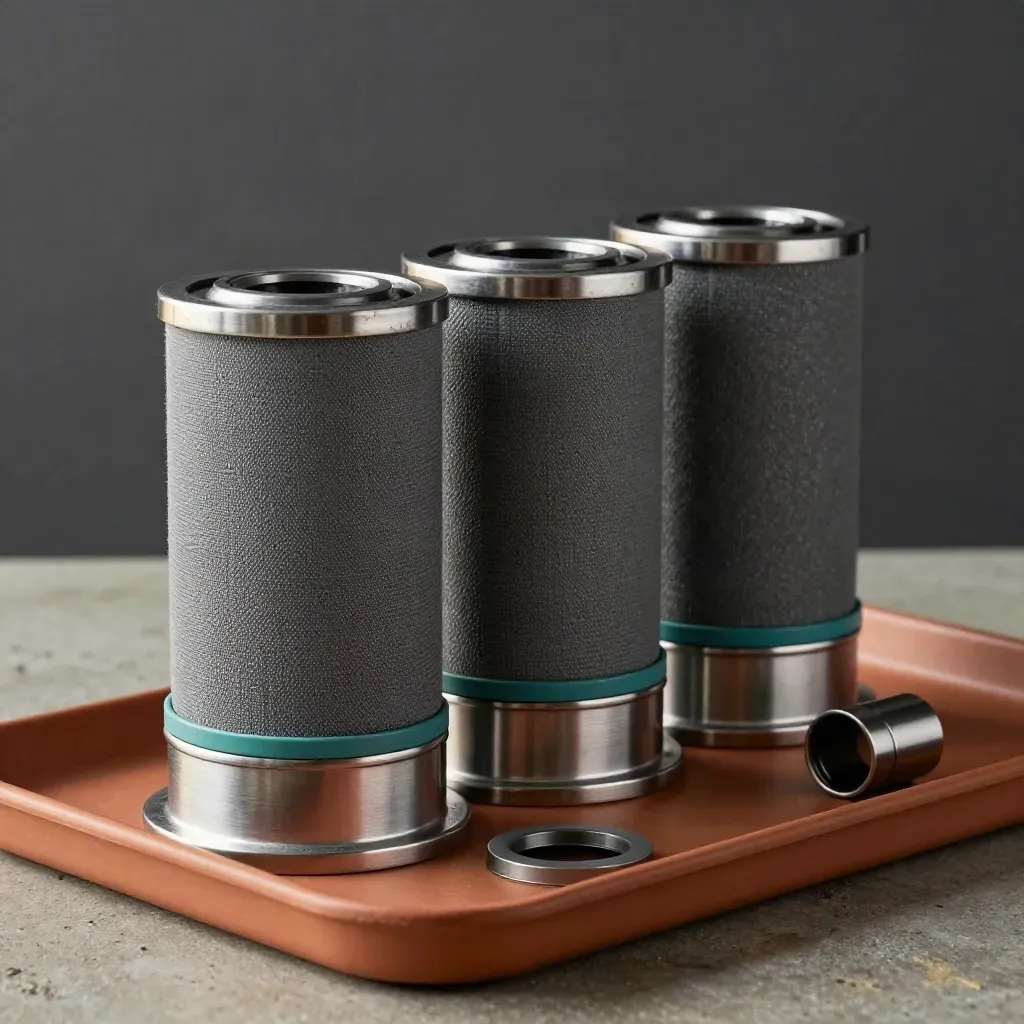 Three matte filter cartridges locked into a stainless manifold on a terracotta-toned industrial surface.