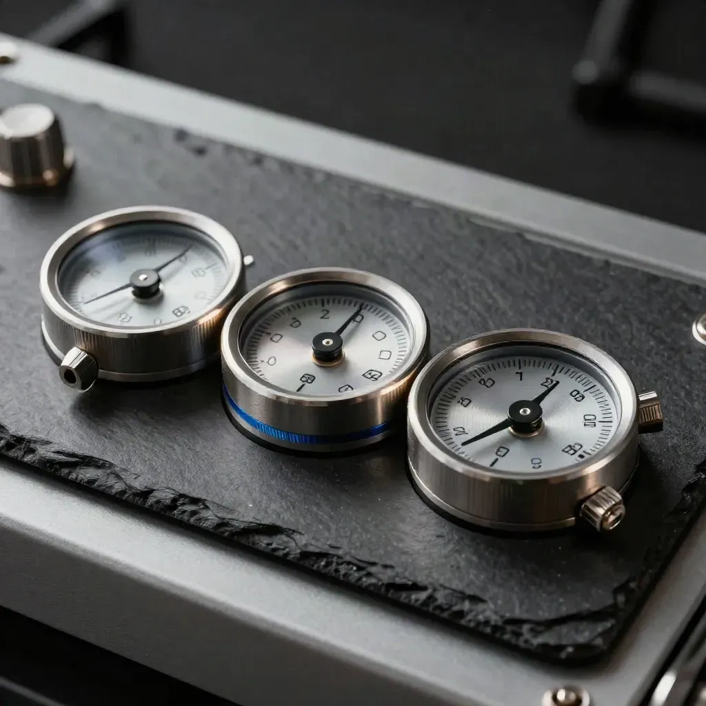 Three brushed aluminium dials and a circular gauge on dark slate, lit dramatically with cobalt accents.