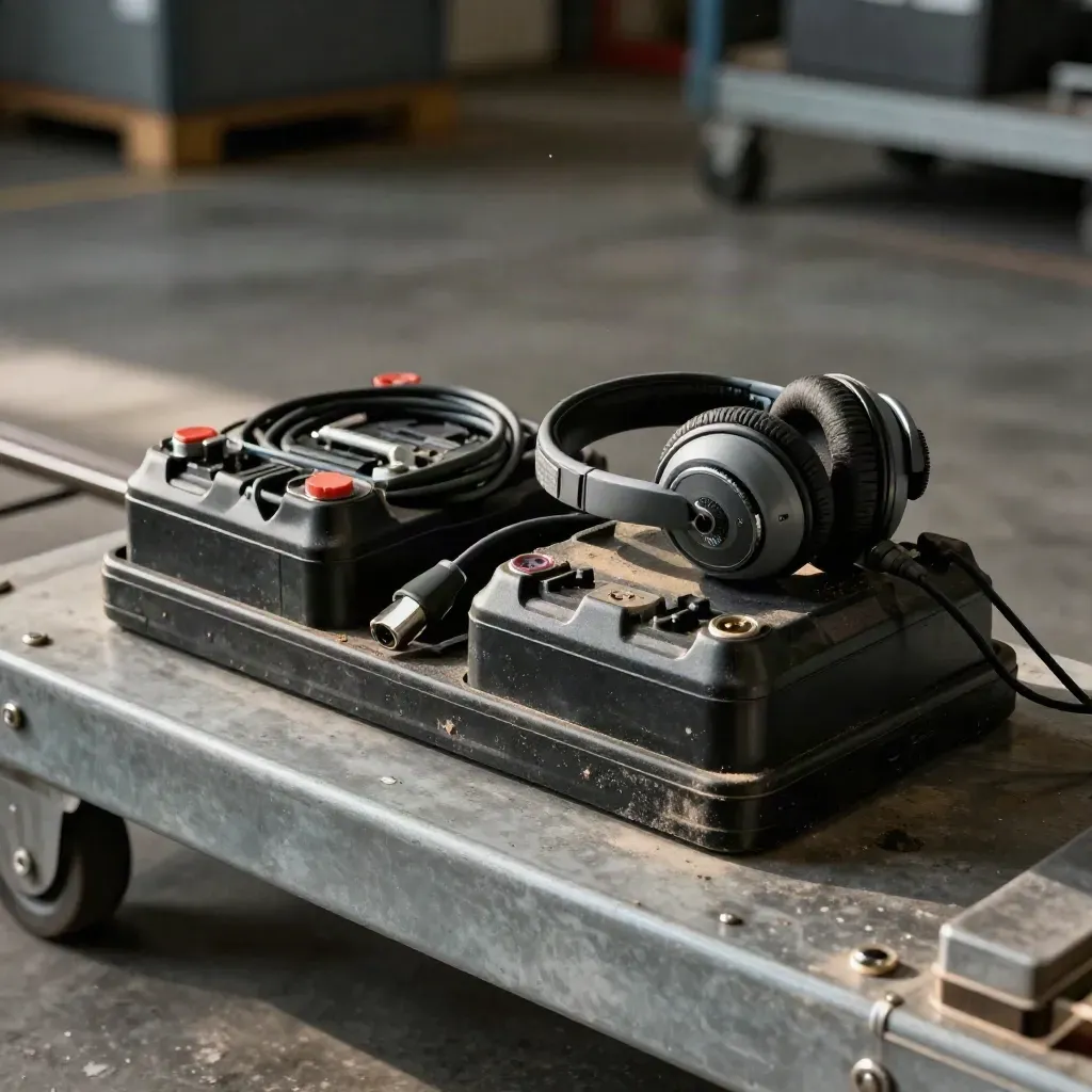 Warehouse radio charger with battery pack and headset on a steel dock, seen through a blurred trolley rail.