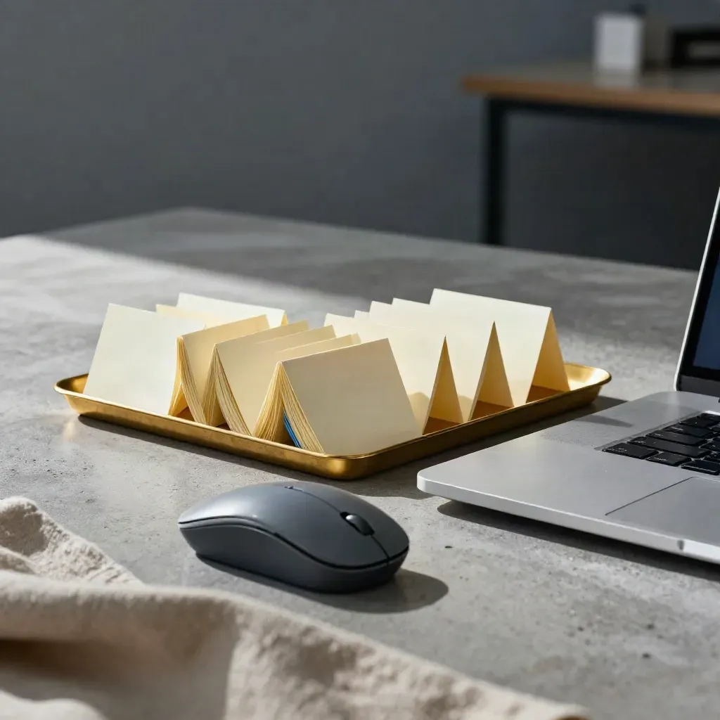 Closed silver laptop, trackball mouse, and note cards in a brass tray on concrete.
