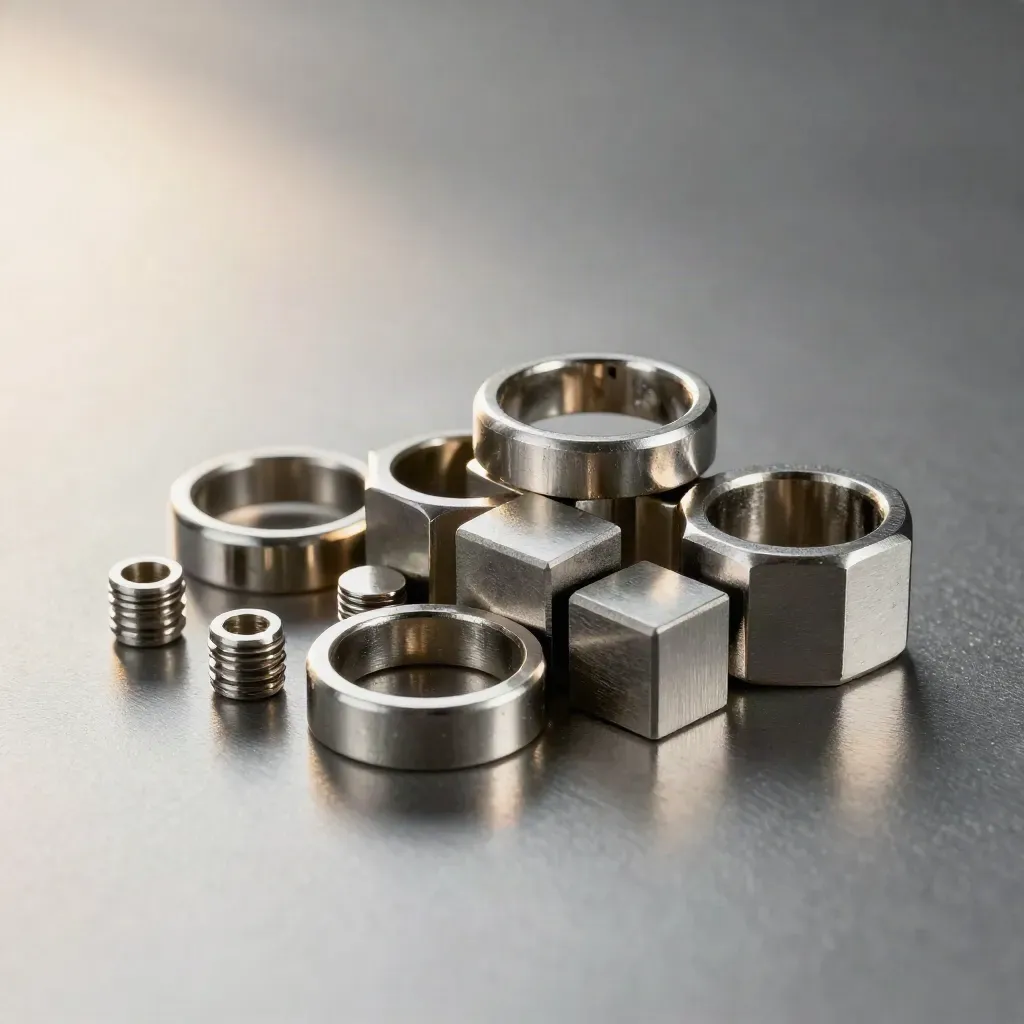 Linked metal rings and graphite connector blocks on brushed steel, straight-down macro still life.