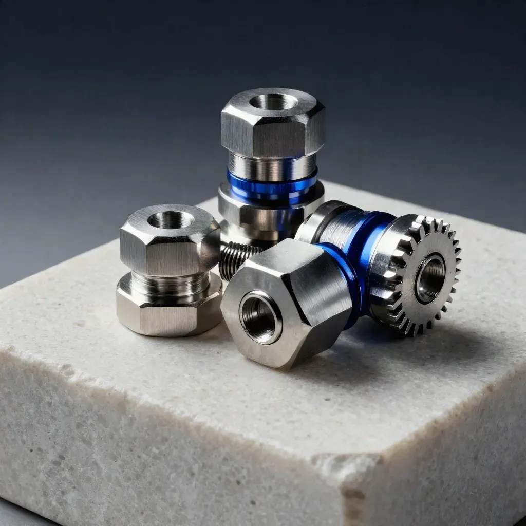 Machined standoffs, spring clip and gear coupler on pale stone in dramatic studio light.