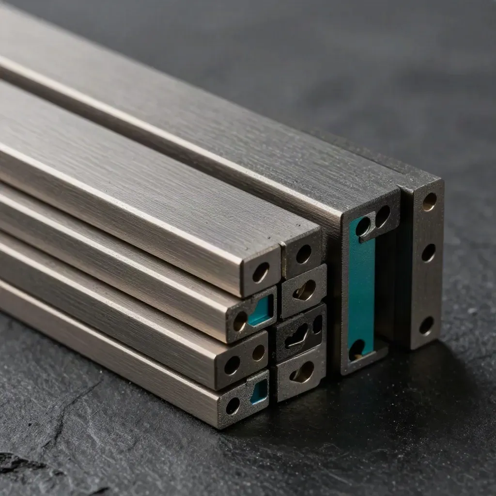 Top-down closeup of graphite alignment blocks and spacer plates on dark slate with a teal accent.
