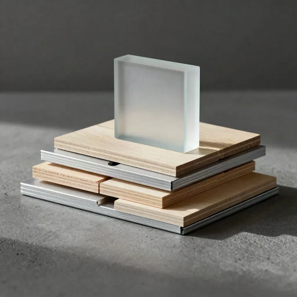 Matte aluminium spacers, frosted glass square, and pale wood tiles in a premium still life.