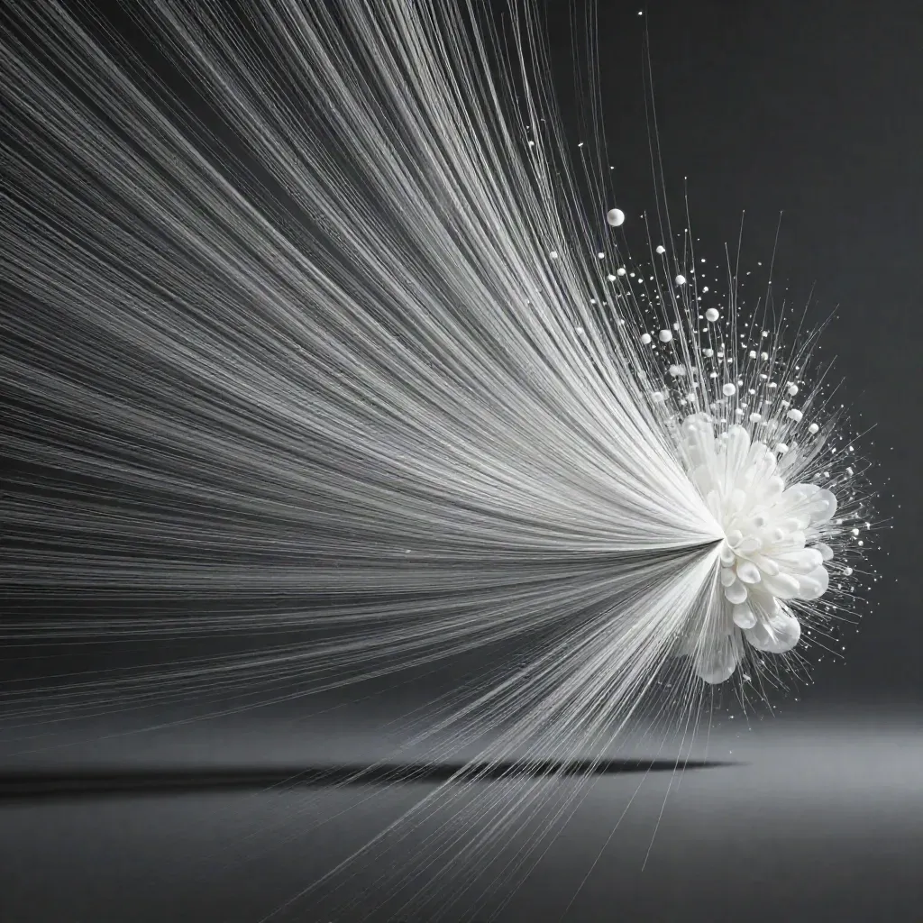 Silver filaments braid into a white glow in dark graphite haze, with empty space for copy.